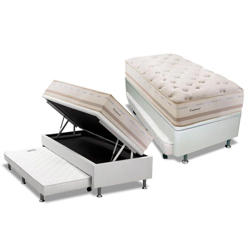 Cama Box Baú c/Auxiliar Solteiro: Colchão Molas Herval Maxspring Scotland + Base CRC Courano Branco(88x188)