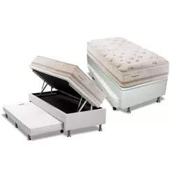 Cama Box Baú c/Auxiliar Solteiro: Colchão Molas Herval Maxspring Scotland + Base CRC Courano Branco(88x188)