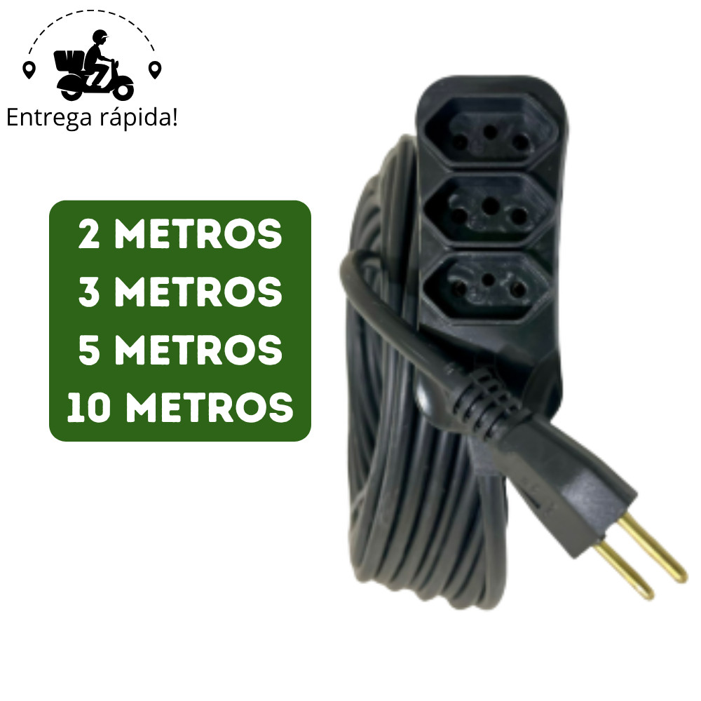 Extensão Elétrica com 3 Tomadas Bivolt 110v 220v Tripolar Alexa Compacta 2 3 5 e 10 Metros GR