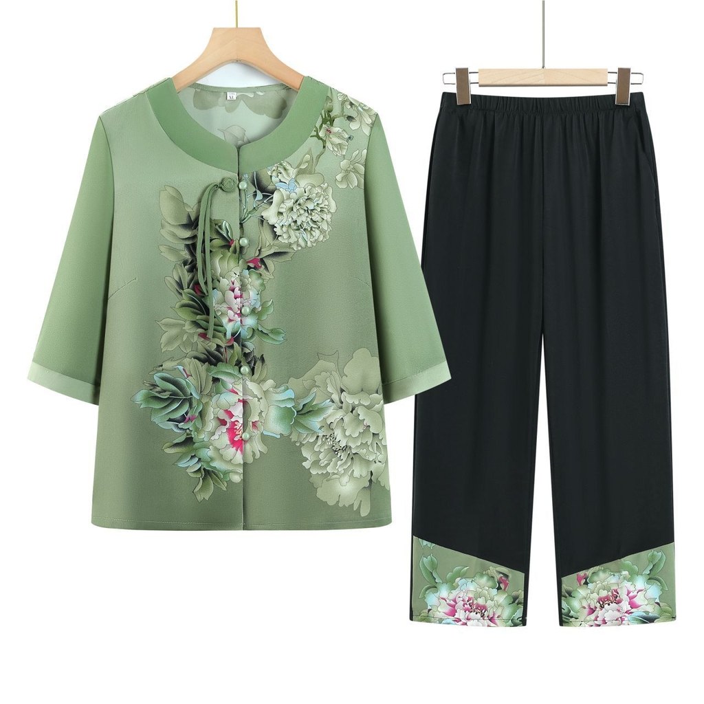 Flor elegante roupas para idosos de meia-idade duas roupas para mães idosas de meia-idade femininas roupas de avó