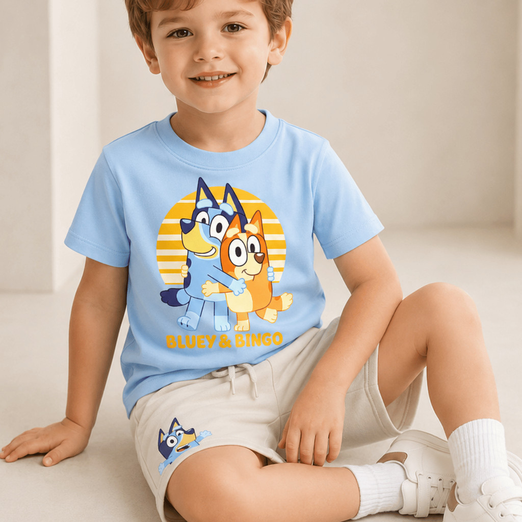 Conjunto Infantil Bluey E Bingo Irmãs Desenho Educativo Kids Camiseta + Bermuda Moletom