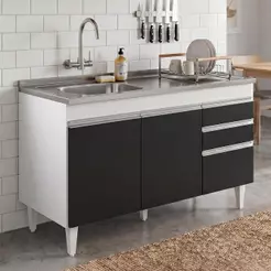 Balcão de Cozinha com Pia Inox Deslocada 120cm Ávila Branco/Preto L03 - Mpozenato