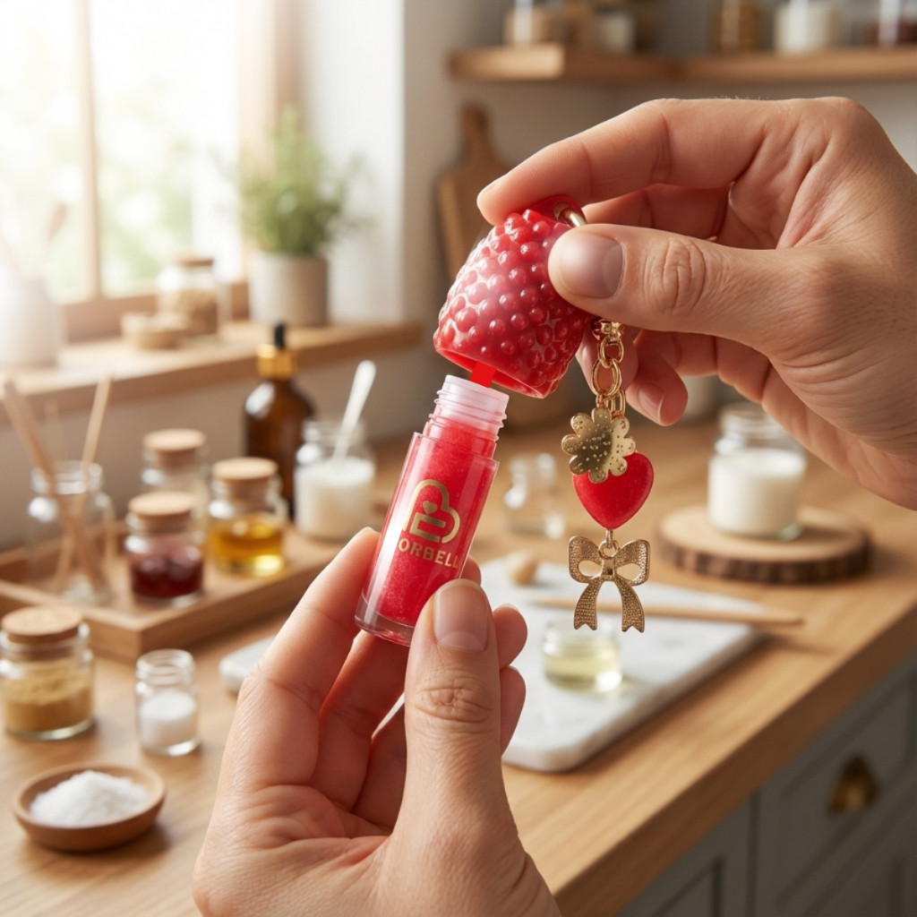 Destaque a hidratação e o brilho: - "Lip Gloss Infantil Hidratante - Labial com Brilho e Chaveiro para Meninas