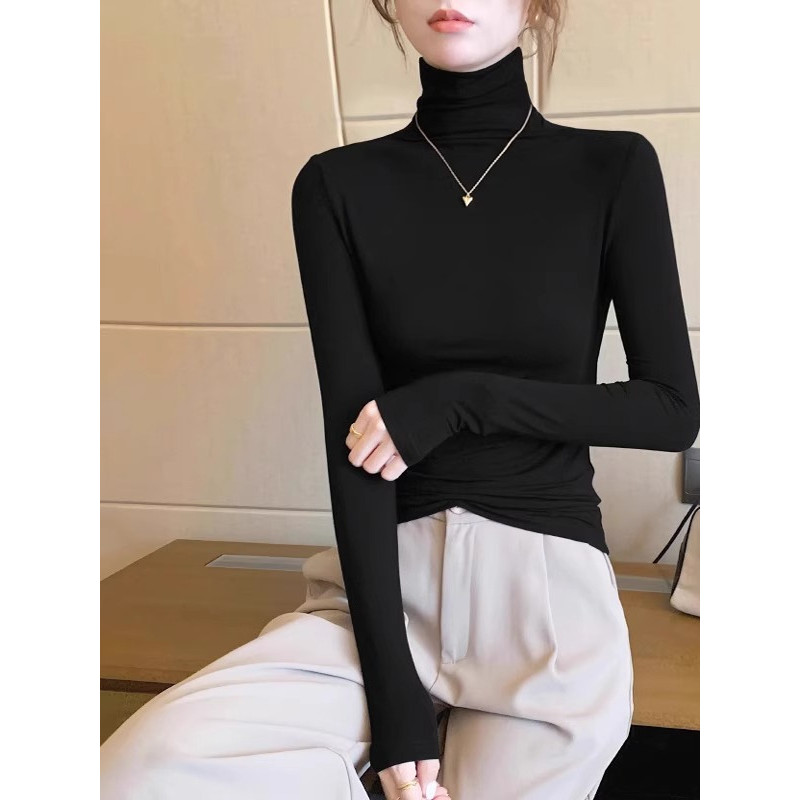 Gola de pilha Modal camiseta feminina exterior primavera outono fino ajuste estilo ocidental manga comprida camisa de fu