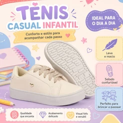 Tênis Infantil Feminino Branco Rosa Leve Macio Estilo Fashion Ideal Para Escola E Passeio