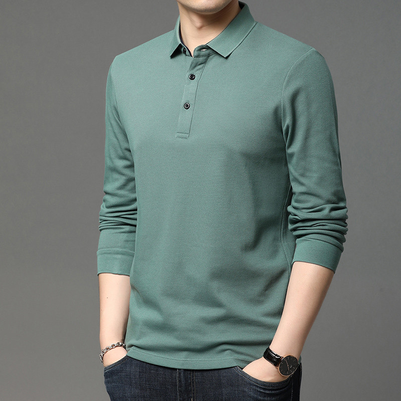 Camiseta masculina de manga comprida de algodão primavera outono puro algodão POLO camisa pequena cor sólida versão pura