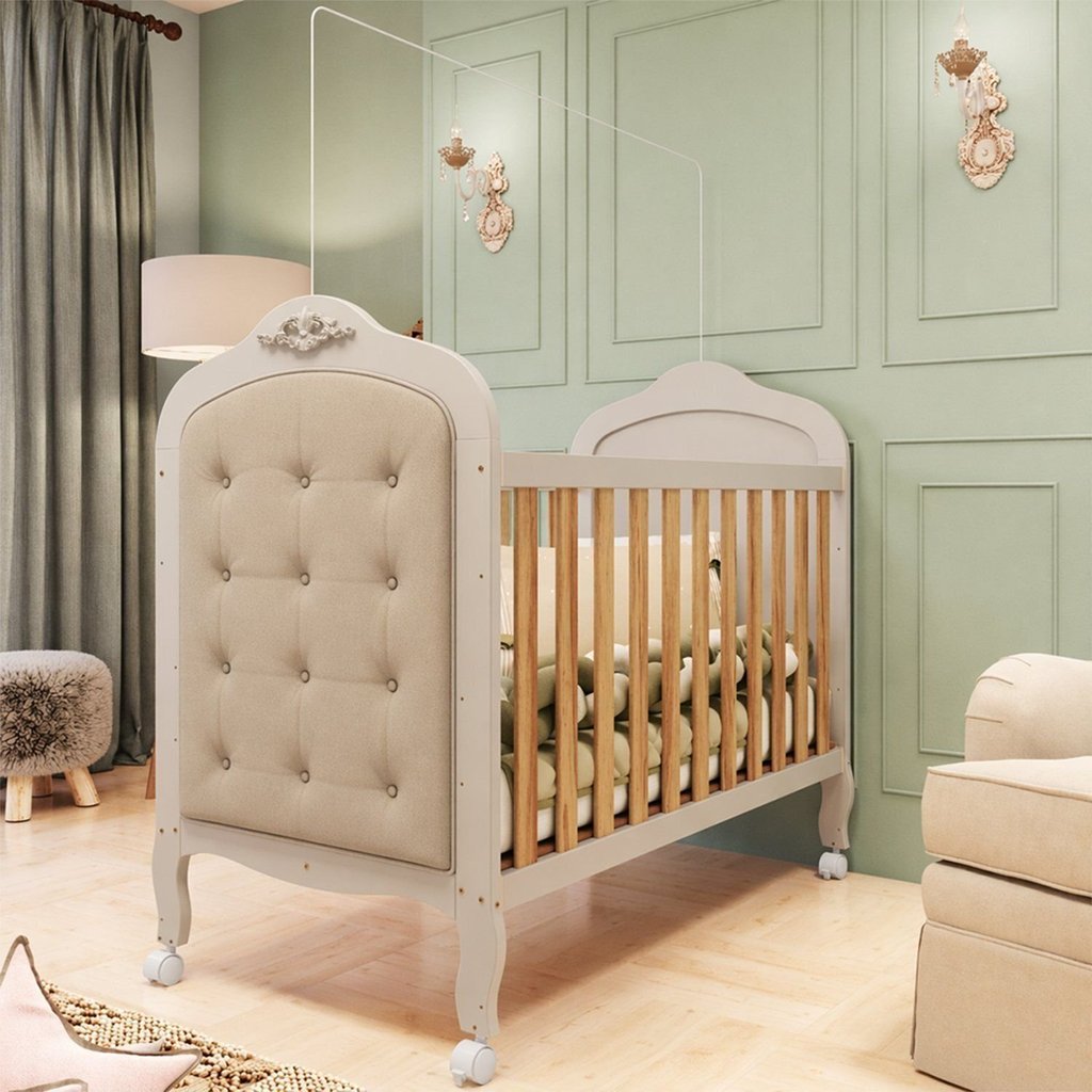 Berço Minicama 3 em 1 com Capitonê 100% MDF Maya Espresso Móveis Bege/Off White/Amêndoa/Corino Off