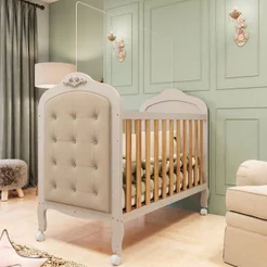 Berço Minicama 3 em 1 com Capitonê 100% MDF Maya Espresso Móveis Bege/Off White/Amêndoa/Corino Off