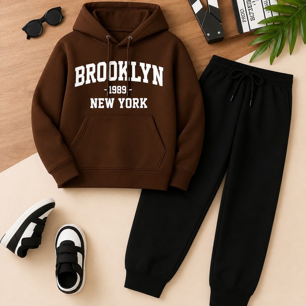 Conjunto Moletom Infantil Brooklyn Estampado Blusa Canguru e Calça Jogger Confortável Estilo Urbano