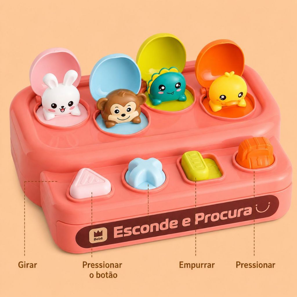 Brinquedo Pop Up Animais Interativo Esconde Esconde Montessori Sensorial Coordenação Motora Infantil