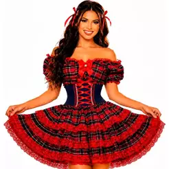Vestido Feminino de Festa Junina Luxo Xadrez Super Rodado Acinturado Com Espartilho Tamanhos do 32 a 50
