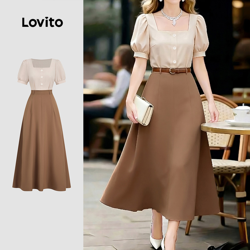 Lovito Vestido Elegante com Blocos de Cor Estilo Falso 2 em 1 Vestido de Primavera/verão para mulher LK6EDD259