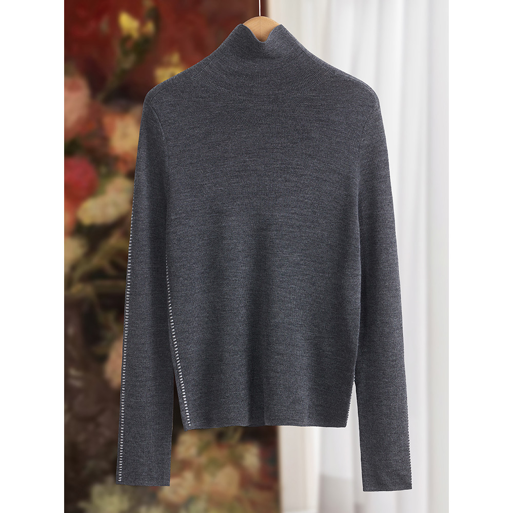 Suéter de malha arqueado lateral de lã Merino ultrafino suéter feminino 2025 inverno gola alta Slim @-