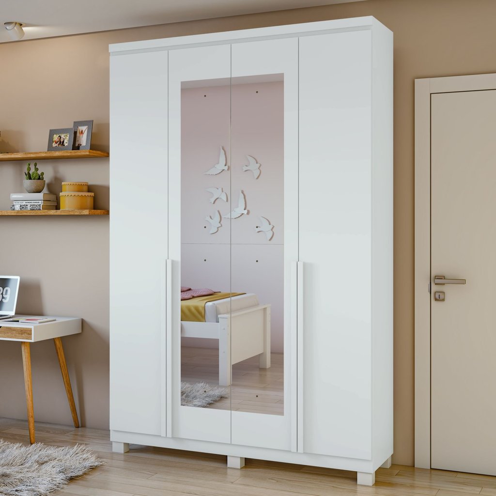 Guarda Roupa Solteiro 4 Portas 2 Gavetas com Espelho e Pés MDF Alonzo 153.5cm Branco Branco