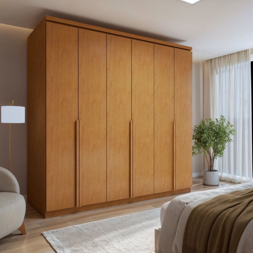 Guarda-Roupa Casal 6 Portas 4 Gavetas MDF 230cm Alonzo Amêndoa Clean Amêndoa Clean
