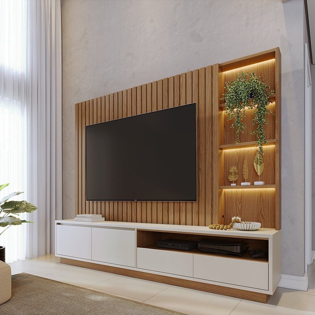Estante para TV e Home Theater até 82 Polegadas com LED 240CMX198,2cm LED Tvs Cancun Marrom Freijó/Off White