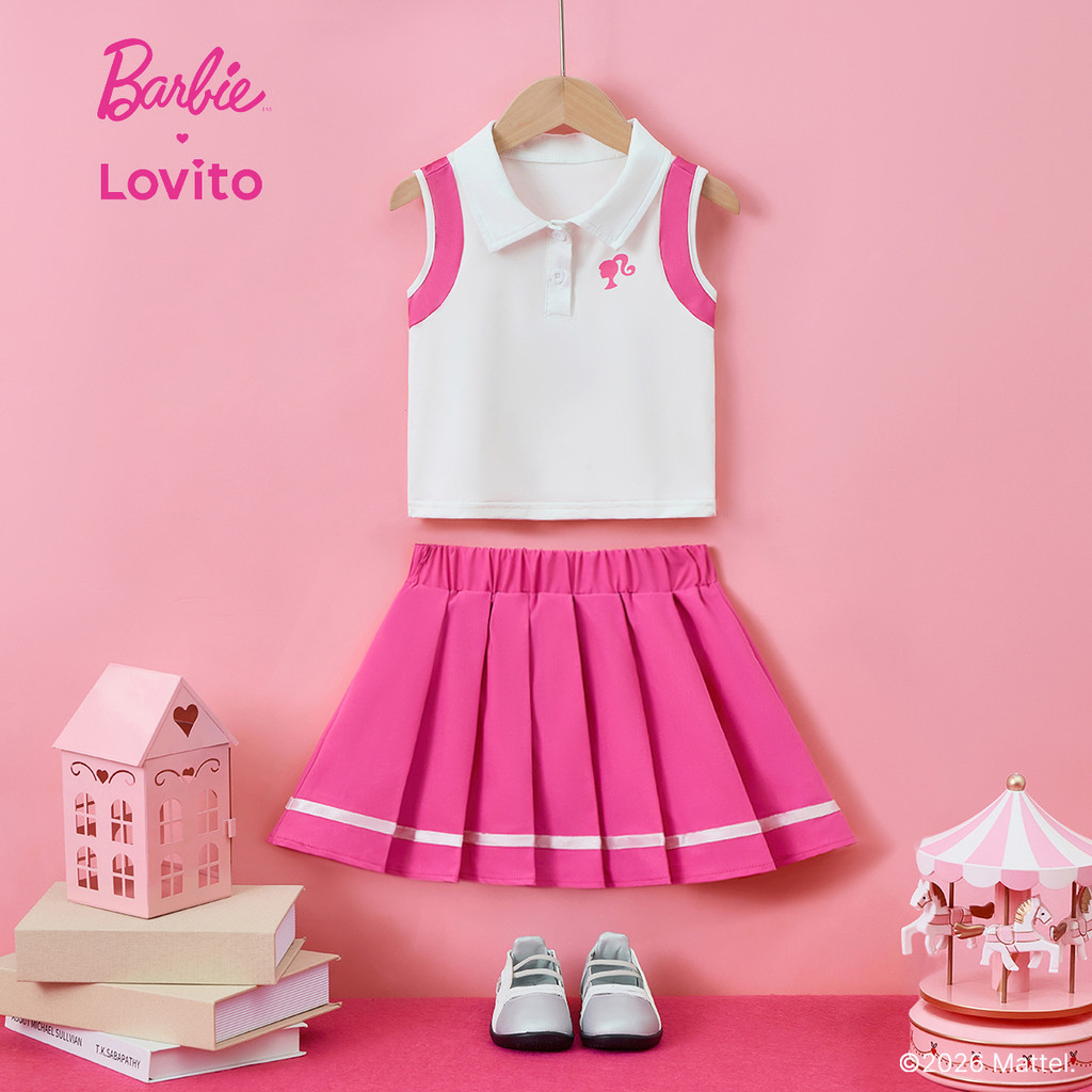 Barbie™ X Lovito Kids Casual Conjunto Saia Fofa Pregas Botões Primavera/Verão Ro