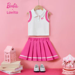 Barbie™ X Lovito Kids Casual Conjunto Saia Fofa Pregas Botões Primavera/Verão Rosa Meninas KSBL3PAD056