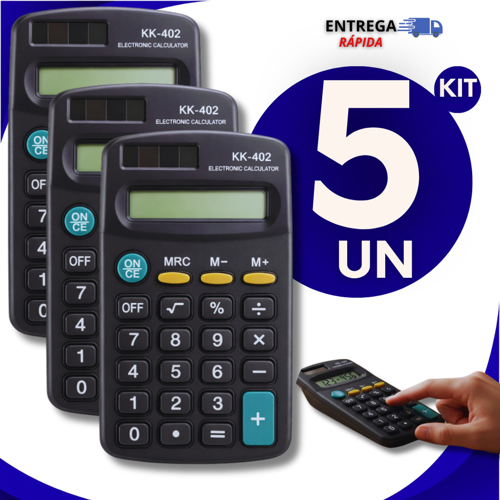 Kit 5 Calculadora Eletrônico Bolso KK-402 8 Dígitos Preto Multiuso Escritório Premium Utilidades