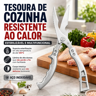 Tesoura de Cozinha Multifuncional Aço Inoxidável Multiuso para Frango Aves Carne Peixe Legumes Vegetais e Ervas