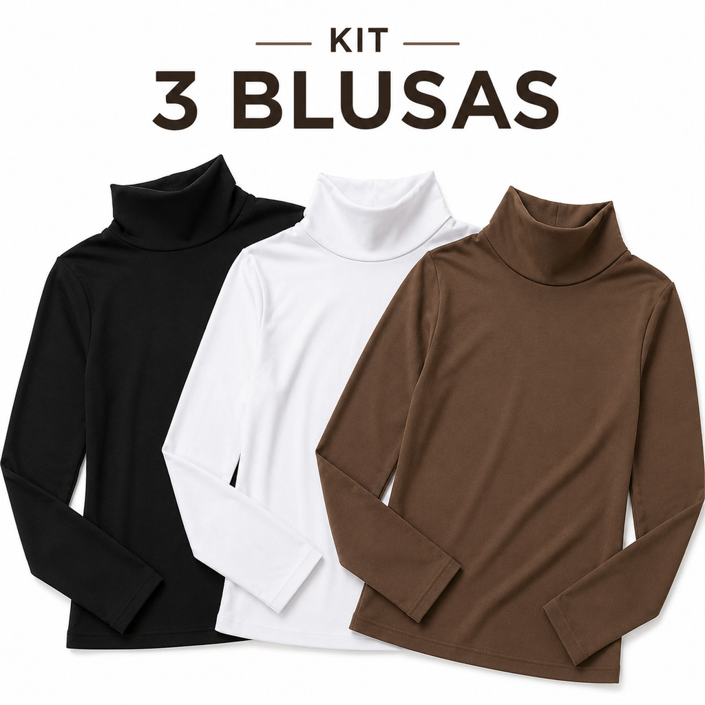 Kit 3 Blusas Cacharrel Gola Alta Feminina Manga Longa Viscolycra Básica Lisa P ao GG