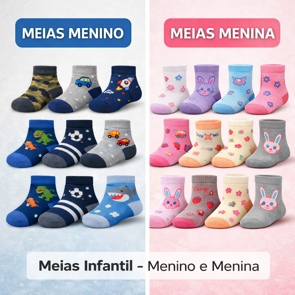 Kit 6,12 e 18 Pares de Meias Masculino Feminina para Recém Nascidos e Bebê Menino Menina c/ Antiderrapante