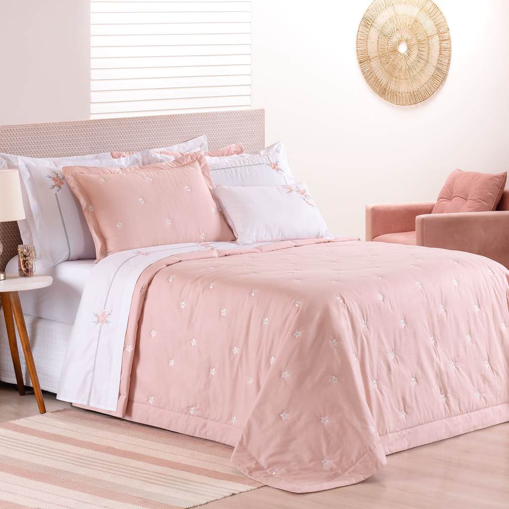 Cobre Leito Colcha Juma Bem Me Quer Queen King Percal 230 Fios Bordado Premium Jumo Cores Oferta