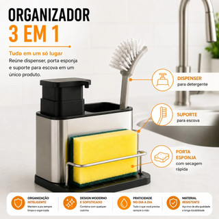 Organizador De Pia 3 Em 1 Inox Com Dispenser E Porta Esponja Top