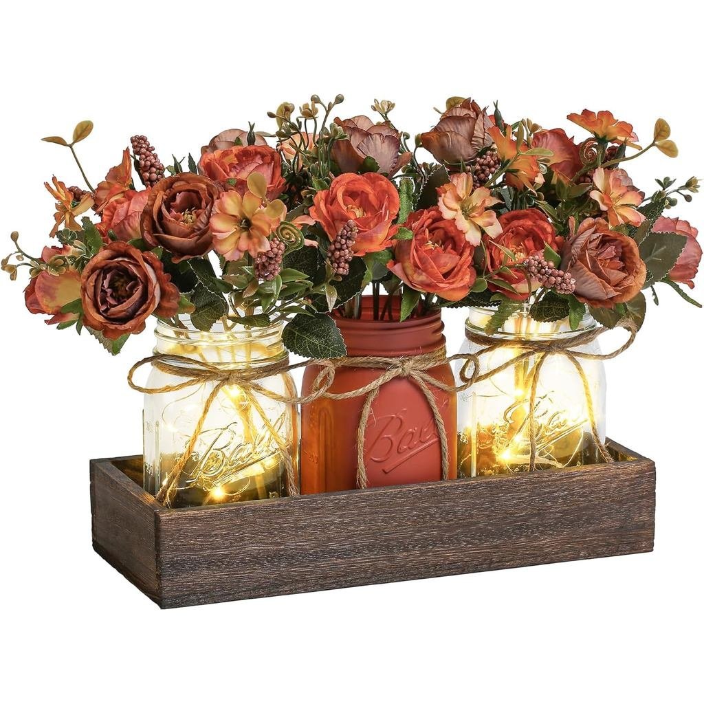 3 Peças de Decorações de Mesa com Potes Mason para Decoração de Mesa de Jantar, Decoração de Mesa de Centro Estilo Fazen