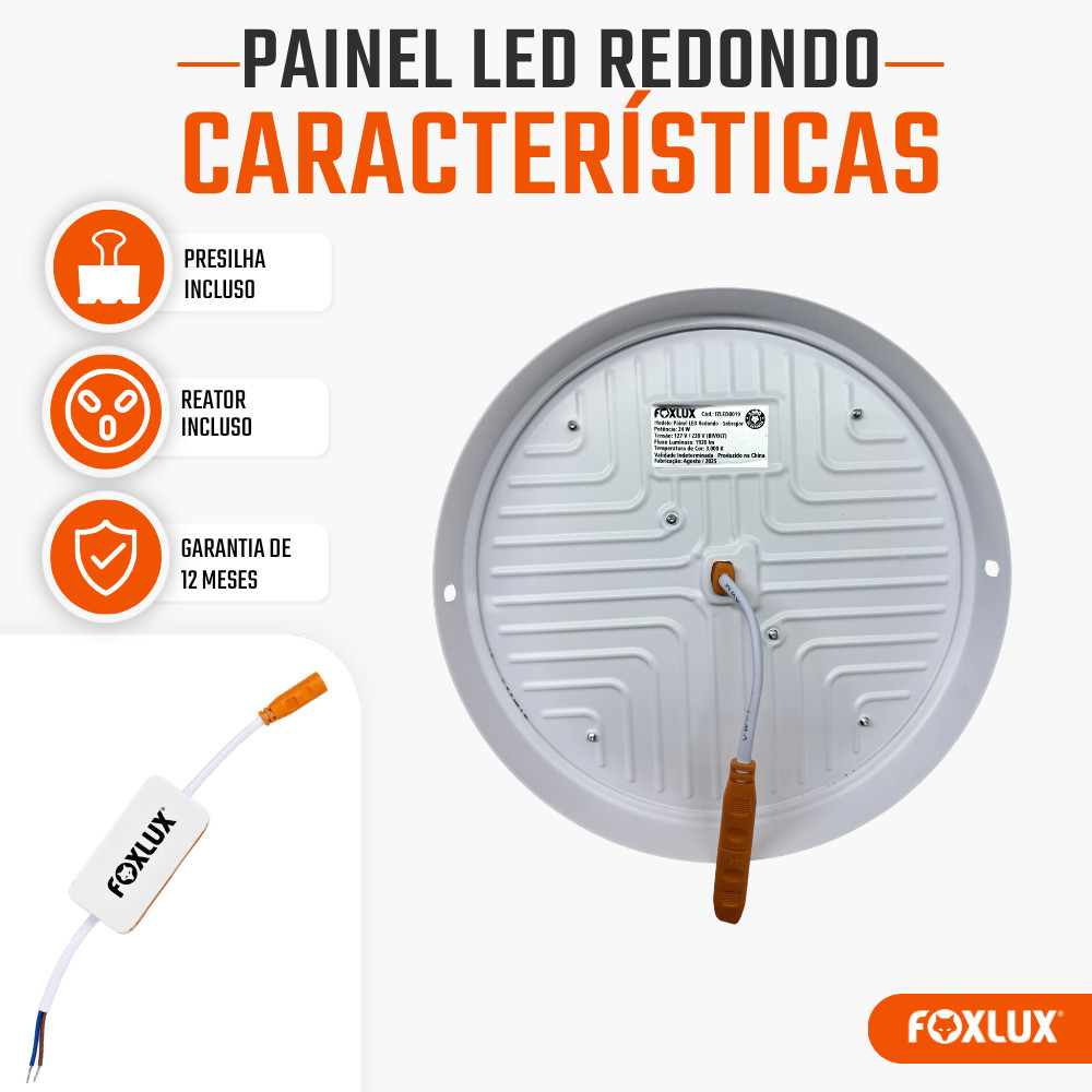 Painel Plafon LED Redondo Sobrepor Foxlux 24W 3000K Branco Quente — imagem 2 de 2
