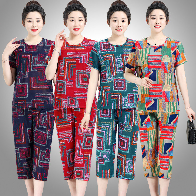 Roupas da mãe terno de duas peças de seda gelo roupas femininas idosas de meia-idade roupas da moda terno feminino de me