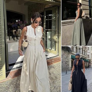 Mulheres Sem Mangas Gola Frontal Zip Maxi Vestido Plissado Cintura Bolso Elegante Casual
