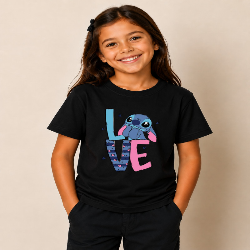 Camiseta Infantil Stitch Love Menina Malha 100% Algodão, Camiseta Infantil Stitch Love Presente para Meninas DTF