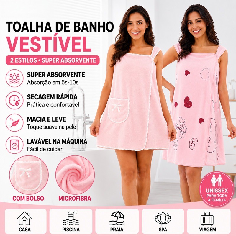 Toalha de Banho Vestível Feminina em Microfibra, Super Absorvente e Macia para Praia, Spa e Casa