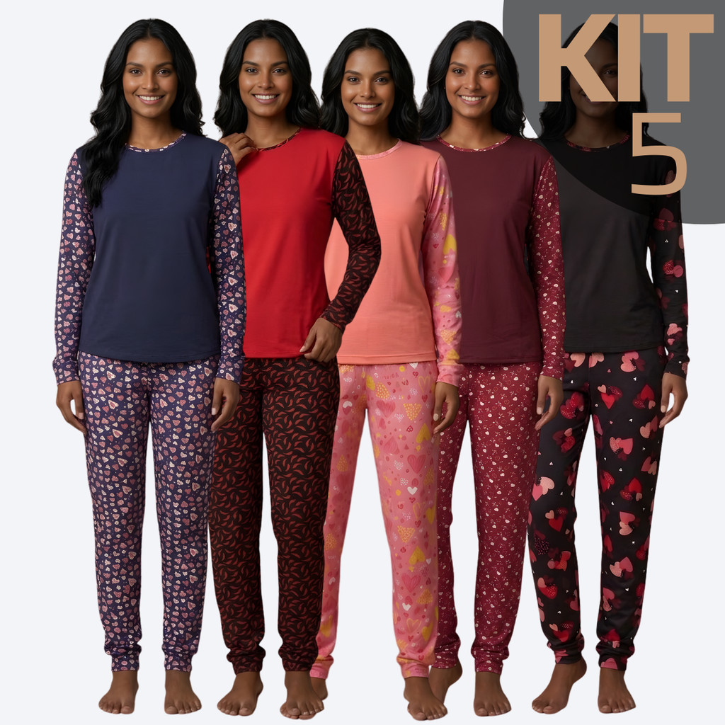 KIT 5 Pijamas Feminino Suede Estampado Inverno Longo Fechado Manga Comprida Conjunto Conforto Cores Variadas