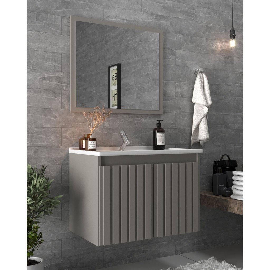Conjunto Gabinete para Banheiro com Espelheira Barra 60 Cinza/Cimento Cimento