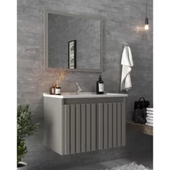Conjunto Gabinete para Banheiro com Espelheira Barra 60 Cinza/Cimento Cimento