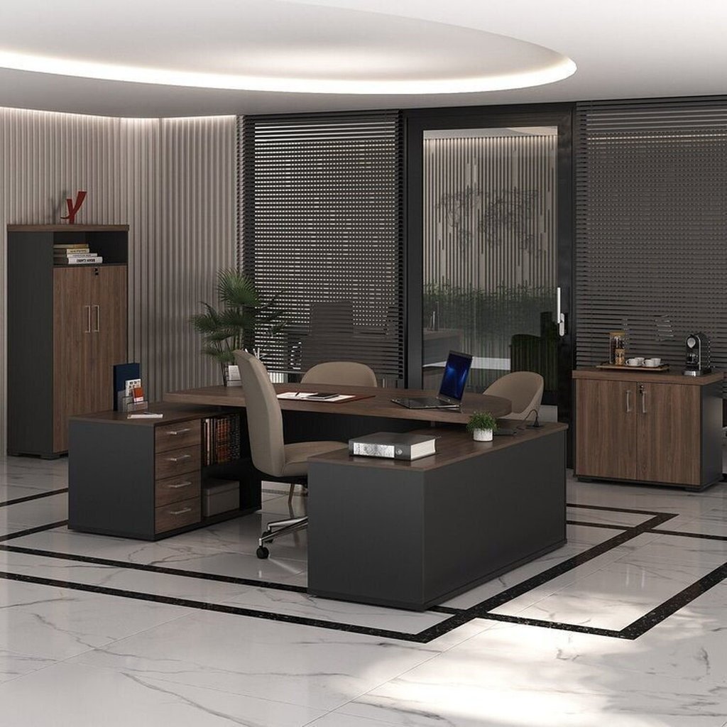Conjunto 3 Peças com Mesa para Escritório Presidente, Armário Multiuso Alto e Baixo em Tamburato Charuto Preto Artany