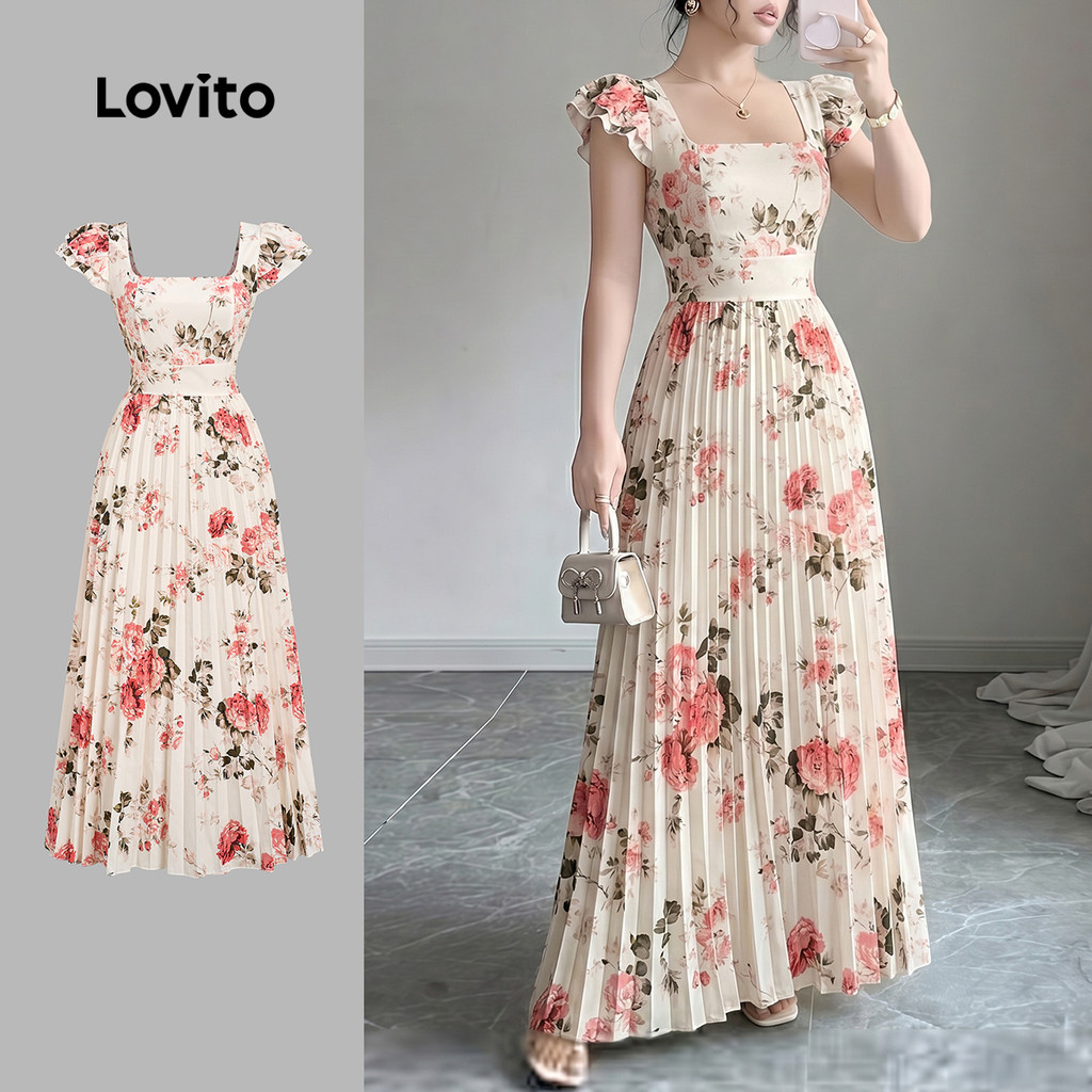 Lovito Vestido Longo Casual Floral Com Mangas Curtas E Babados Decote Quadrado C