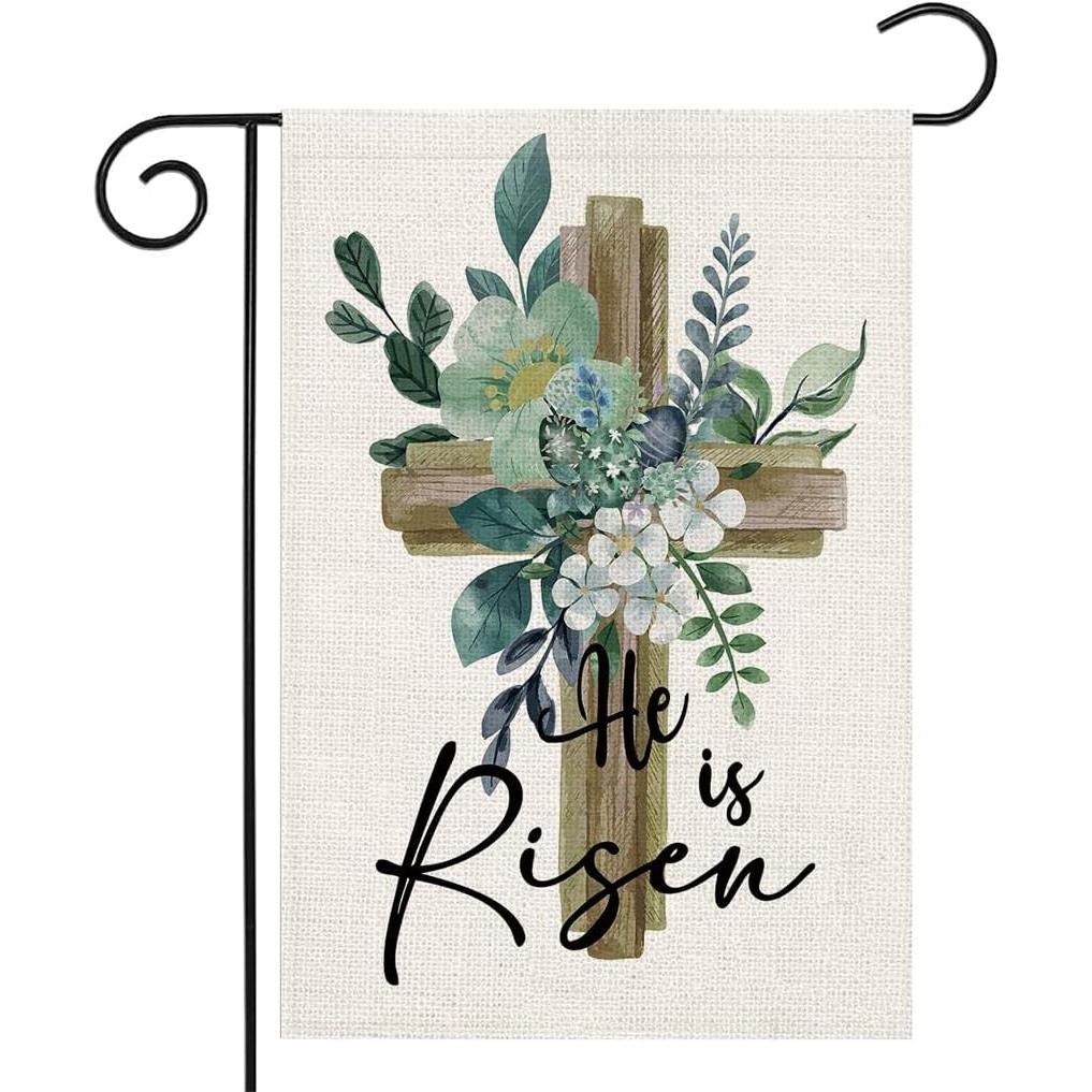 Bandeira de Jardim "Ele Ressuscitou" 12,5 x 18 Polegadas, Bandeira Decorativa Religiosa de Serapilheira Dupla Face com C
