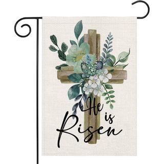 Bandeira de Jardim "Ele Ressuscitou" 12,5 x 18 Polegadas, Bandeira Decorativa Religiosa de Serapilheira Dupla Face com C