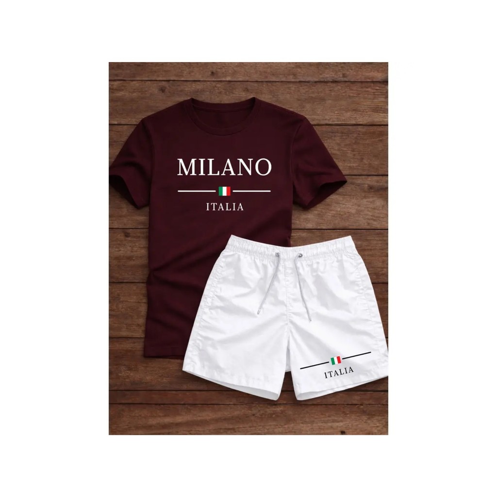 Conjunto Masculino Camiseta 100% Algodão + Bermuda Short Tactel Milano Itália Premium Casual Streetwear Verão Academia P