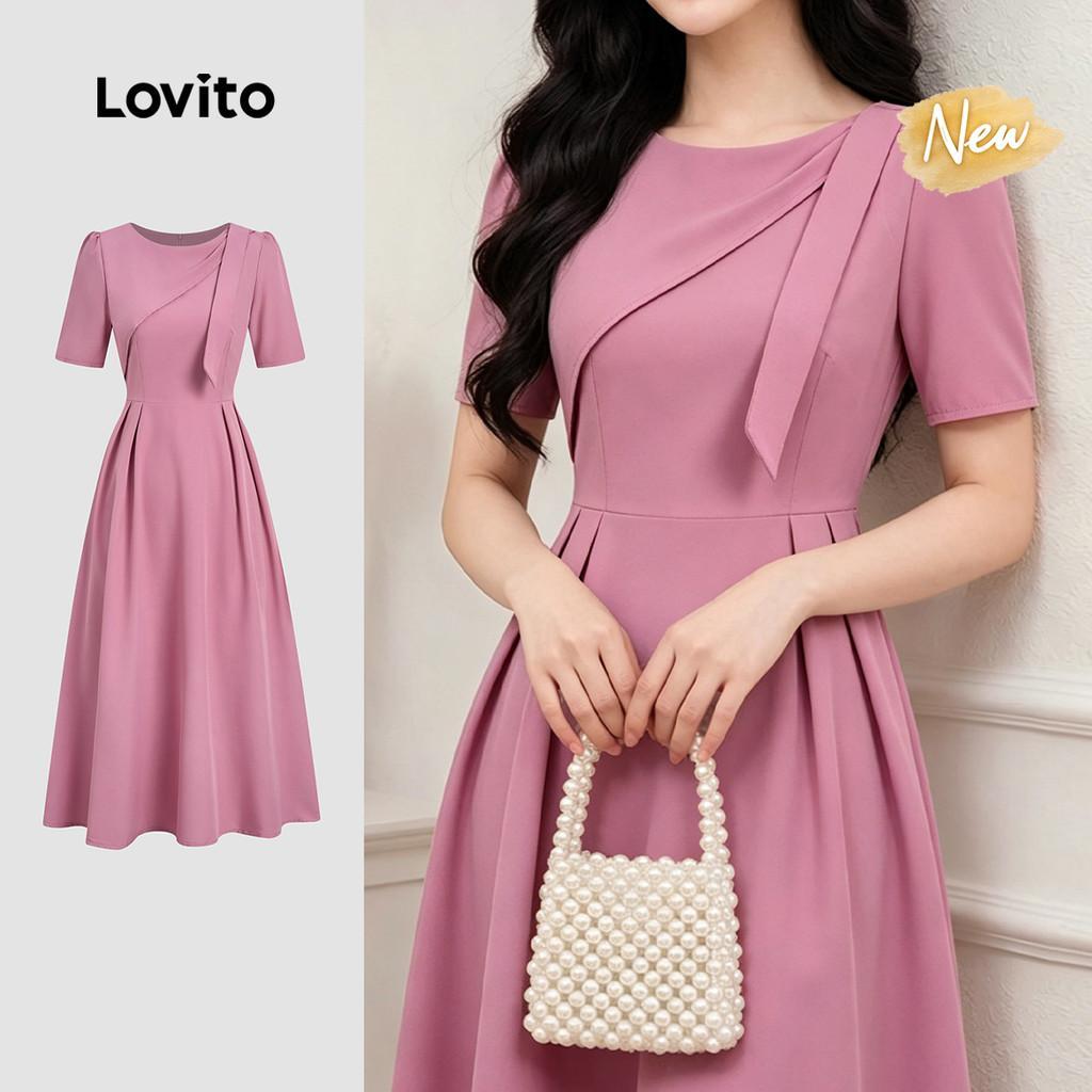 (New Arrival) Lovito Vestido Elegante Assimétrico Amarração Frontal e Pregas Ves