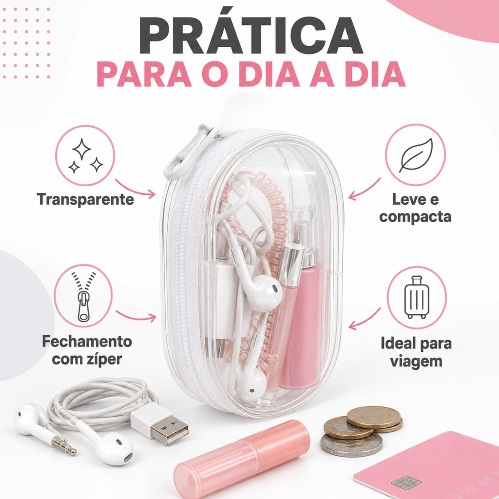 Mini Bolsa Portátil Com Zíper Transparente : Organizadora De Viagem Multifuncional Compacta