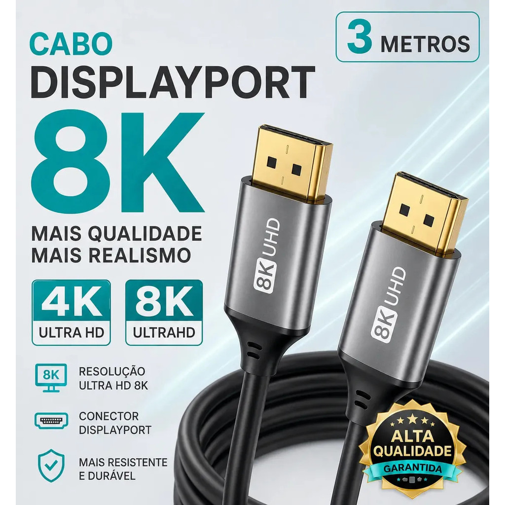 Cabo Displayport 1.4 De 3 Metros Para Monitor Gamer 8k E 4k Hdr Com G-sync E Fre