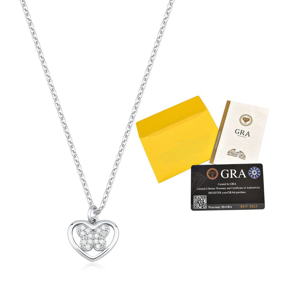Colar Moissanite de Prata 925 Coração com Borboleta Cravejada