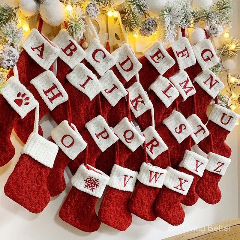 Meias de Natal com Alfabeto, Floco de Neve, Letras Vermelhas, Enfeite de Árvore, Decorações para Casa, Presente OZWK