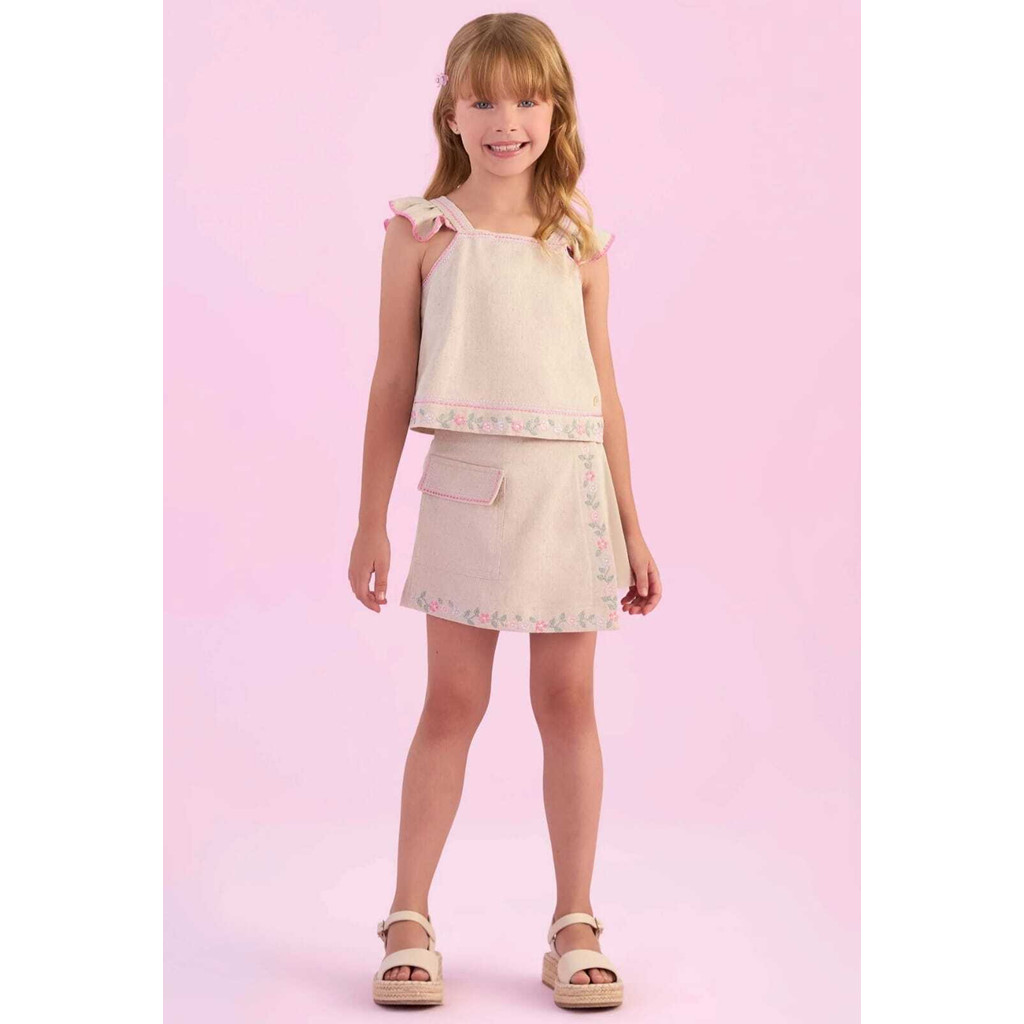 Conjunto Infantil Feminino Bege Bordado Floral - Blusa Cropped e Saia