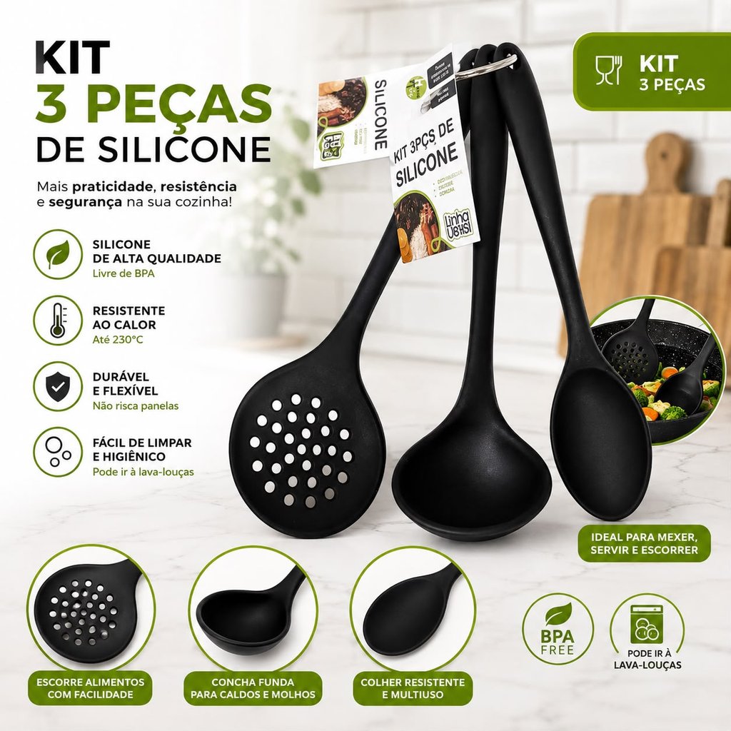 Kit Utensílios de Silicone para Cozinha Concha Colher Escumadeira Antiaderente