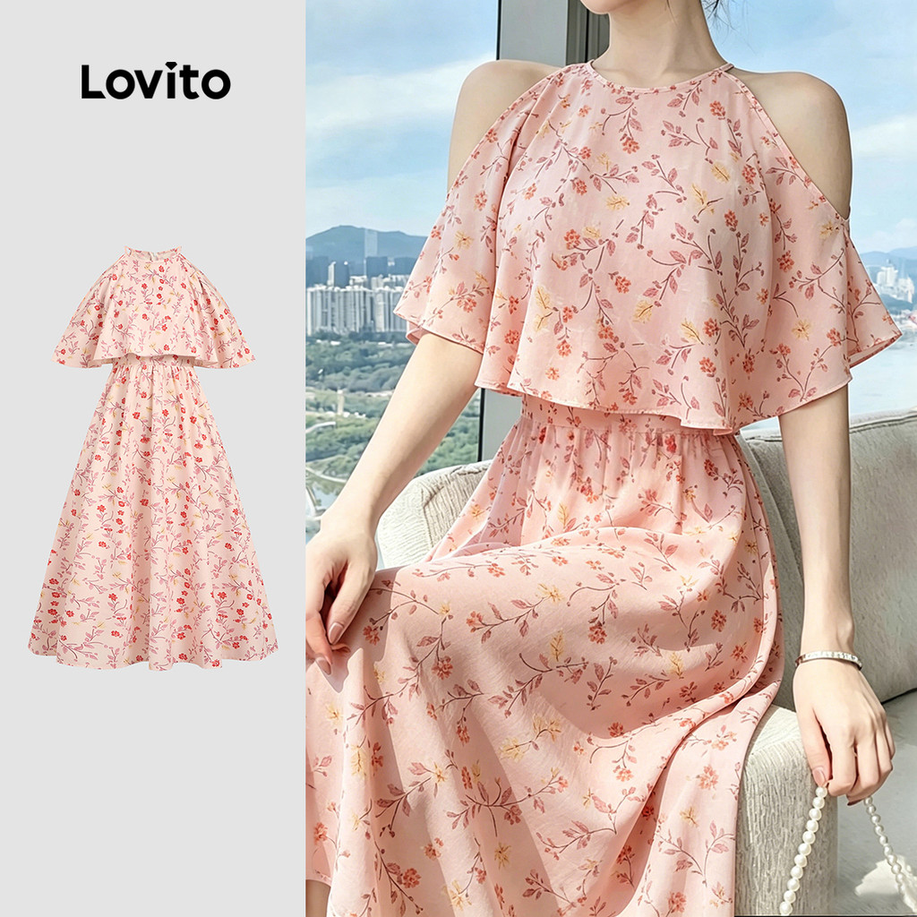 (New Arrival) Lovito Vestido Casual com Flores Ombros À Mostra e Manga 2 em 1 Pr